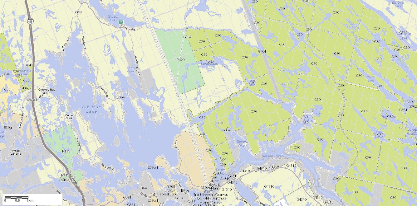 Crown Land Map of Six Mile Lake in Municipality of Georgian Bay and the District of Muskoka